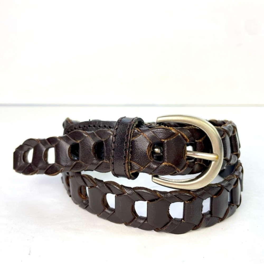 Brown Woven Leather Belt with Silver Buckle